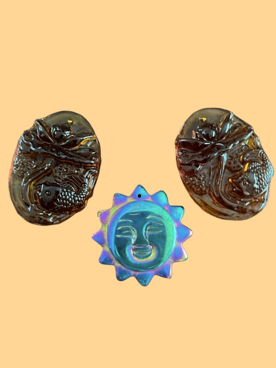 Other - Bundle of 1 Carved Sun & 2 Carved Lotus Carp Beads / Pendants
